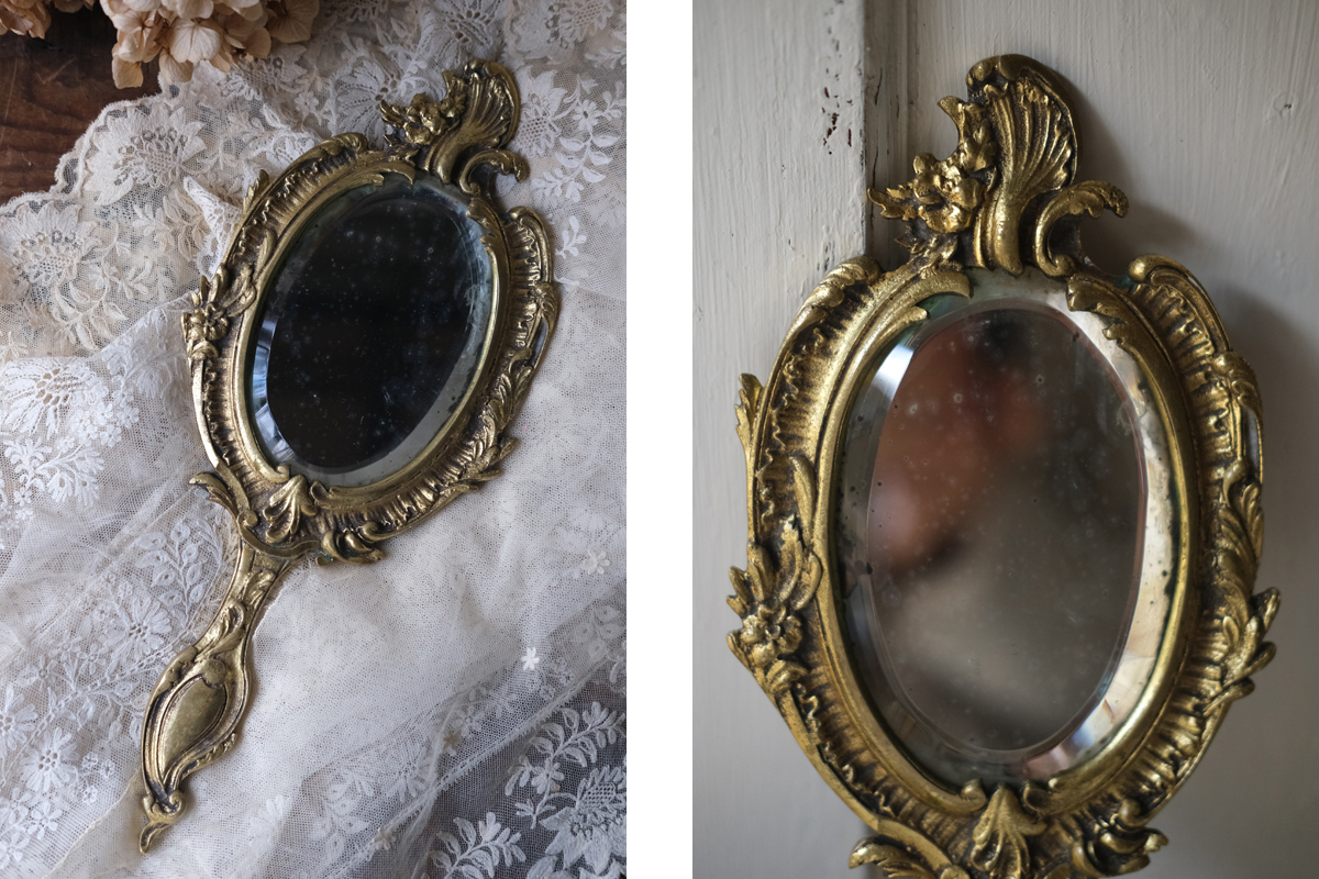 フランスブロカント ロカイユ装飾のミラー 手持ち鏡 手鏡 全国送料無料