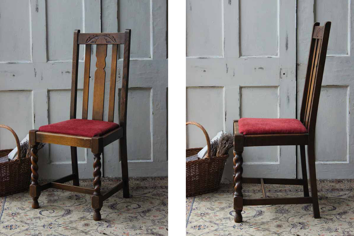 イギリスリーフ装飾のチェア 古いえんじ色シート椅子 全国送料無料