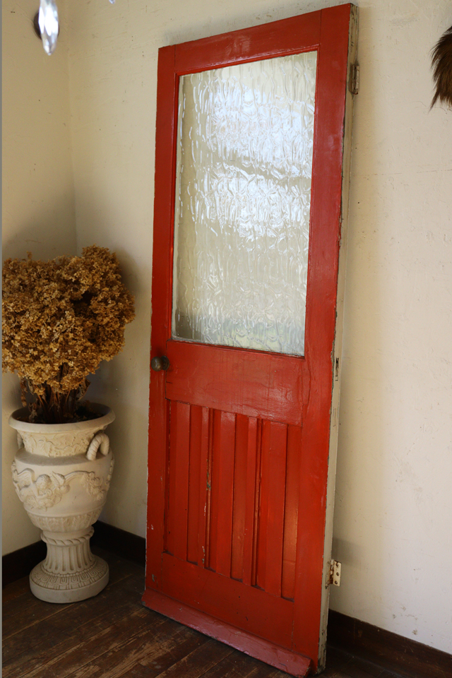 イギリスの古い レッド×ホワイト ガラスの入ったペイントドア 建具 室内ドア
