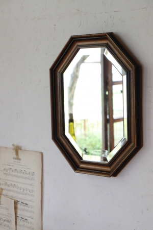 日本の古い 壁掛け木製ミラー 八角ミラー 鏡